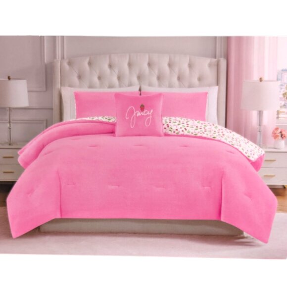 Juicy Couture KING Size Reversible Velour Comforter Bed Set Strawberry Pink NEW - Picture 2 of 9